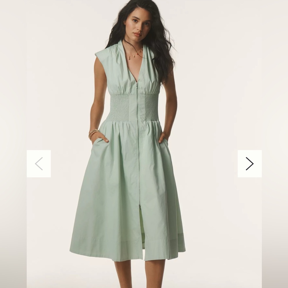 NWT 
THE TOMMIE CAP-SLEEVE SMOCKED FRONT-ZIP MIDI SHIRT DRESS